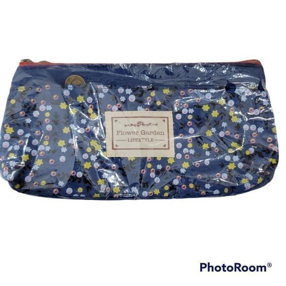 Elisel canvas pencil case makeup Bag 9‎ by 4 inches NWT blue floral 2 pockets - Picture 1 of 2